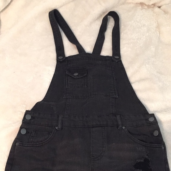 Black denim slightly distressed overalls - Picture 1 of 7